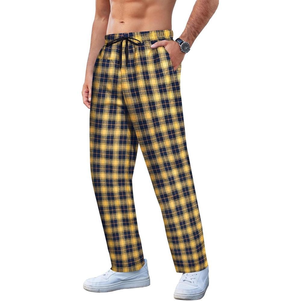 imageCOOFANDY Mens Plaid Casual Pants Soft Cotton Pajama Pants Drawstring Checkered Lounge Sweatpant with PocketsNavy Yellow Plaid