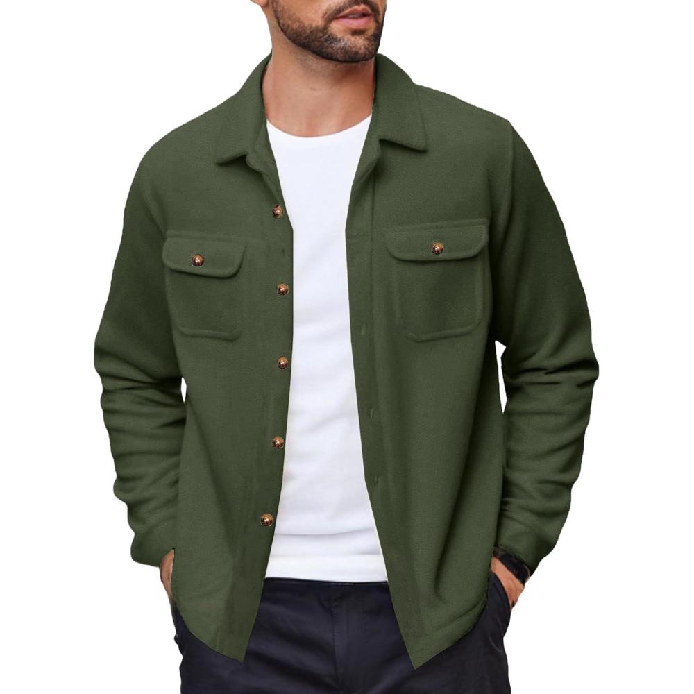 imageCOOFANDY Mens Polar Fleece Shacket Long Sleeve Casual Button Down Shirt Jacket with PocketsDark Green