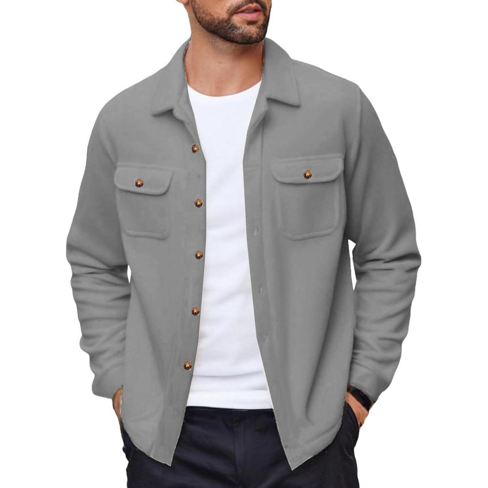 imageCOOFANDY Mens Polar Fleece Shacket Long Sleeve Casual Button Down Shirt Jacket with PocketsLight Grey