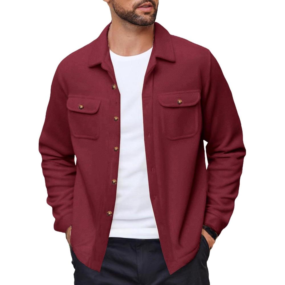 imageCOOFANDY Mens Polar Fleece Shacket Long Sleeve Casual Button Down Shirt Jacket with PocketsWine Red