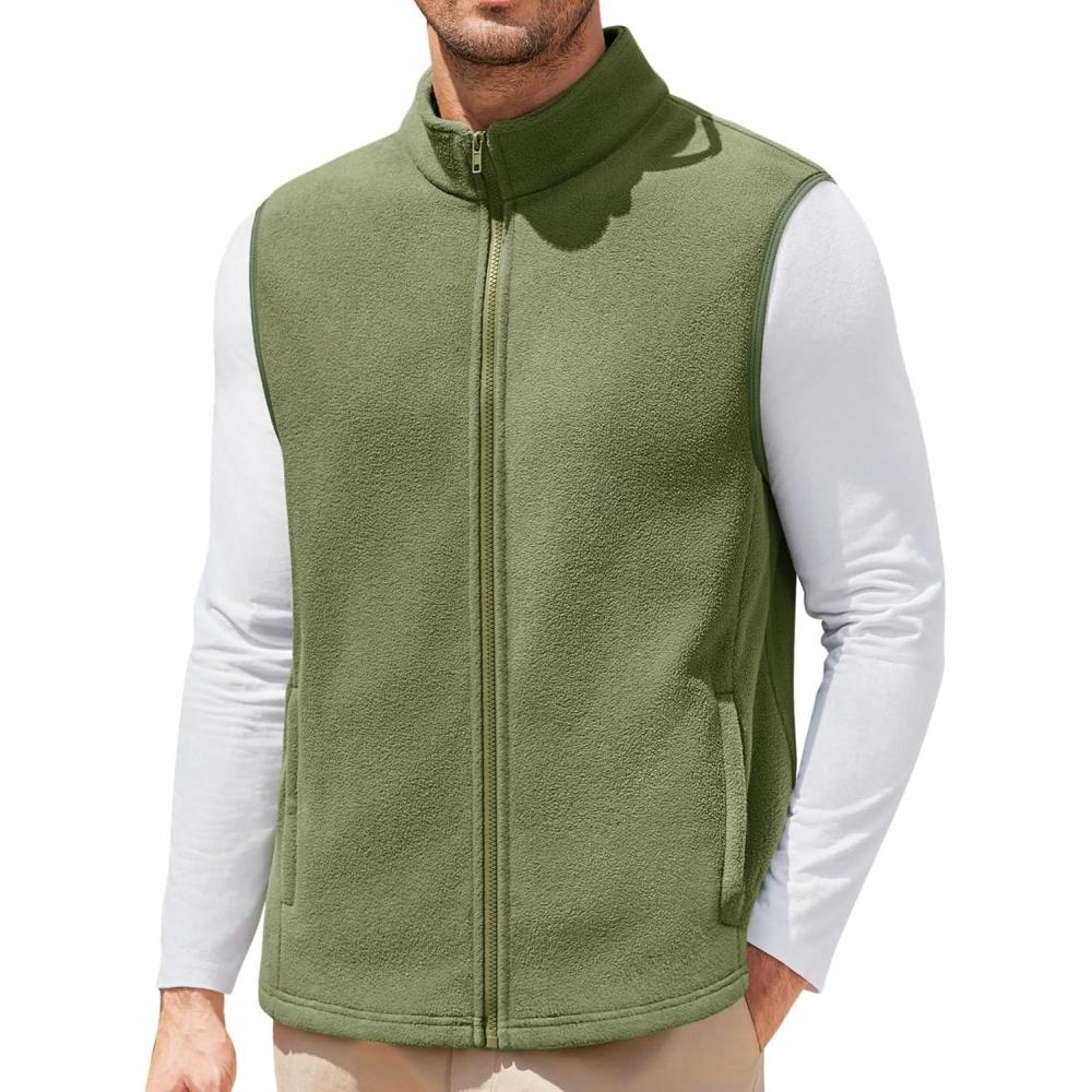 imageCOOFANDY Mens Polar Fleece Vest Lightweight Sleeveless Jacket Warm Zip up Outerwear Vests with Zipper Pockets for HikingArmy Green