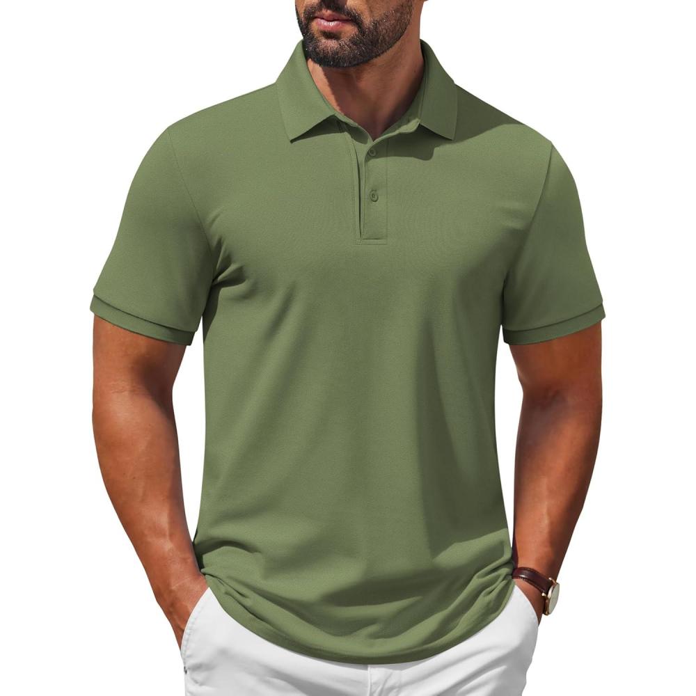 imageCOOFANDY Mens Polo Shirt Short Sleeve Moisture Wicking QuickDry Golf Polo Athletic Tennis Collared TShirtsArmy Green