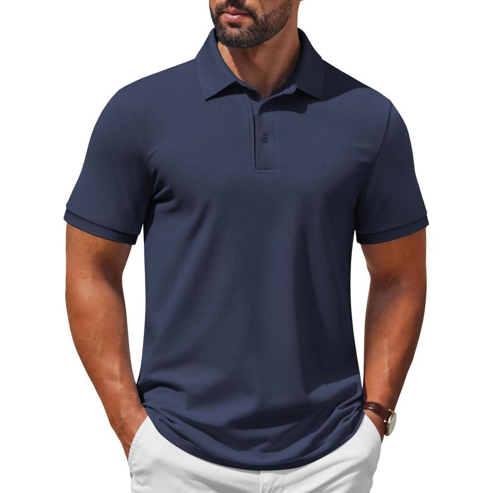imageCOOFANDY Mens Polo Shirt Short Sleeve Moisture Wicking QuickDry Golf Polo Athletic Tennis Collared TShirtsNavy Blue