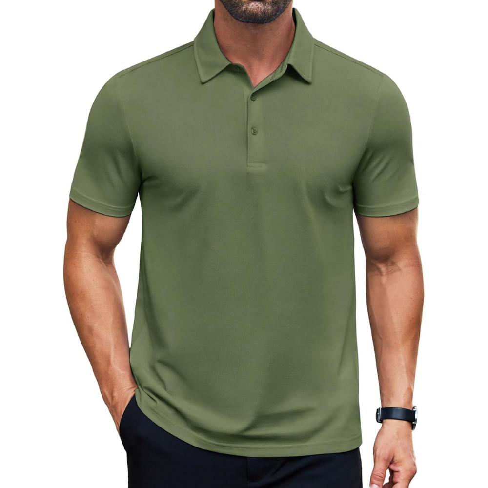 imageCOOFANDY Mens Polo Shirts Short Sleeve Slim Fit Casual Solid Basic Golf Shirt Collared TShirtArmy Green