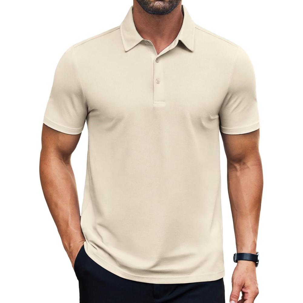 imageCOOFANDY Mens Polo Shirts Short Sleeve Slim Fit Casual Solid Basic Golf Shirt Collared TShirtLight Khaki