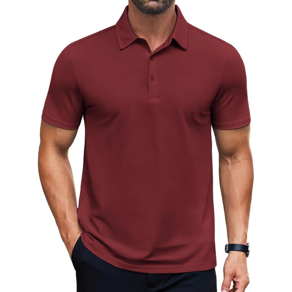 imageCOOFANDY Mens Polo Shirts Short Sleeve Slim Fit Casual Solid Basic Golf Shirt Collared TShirtWine Red
