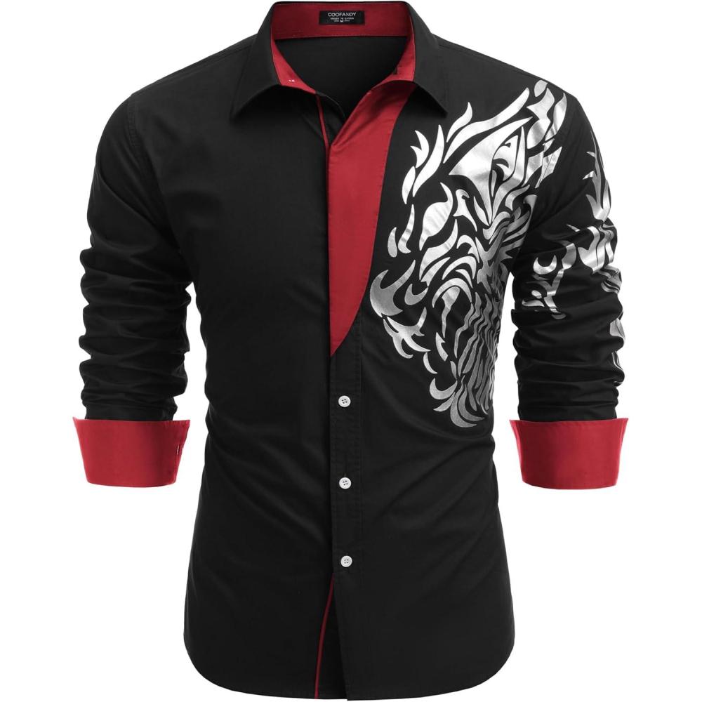 imageCOOFANDY Mens Print Button Down Dress Shirt Fashion Long Sleeve Casual Shirts01black Tiger