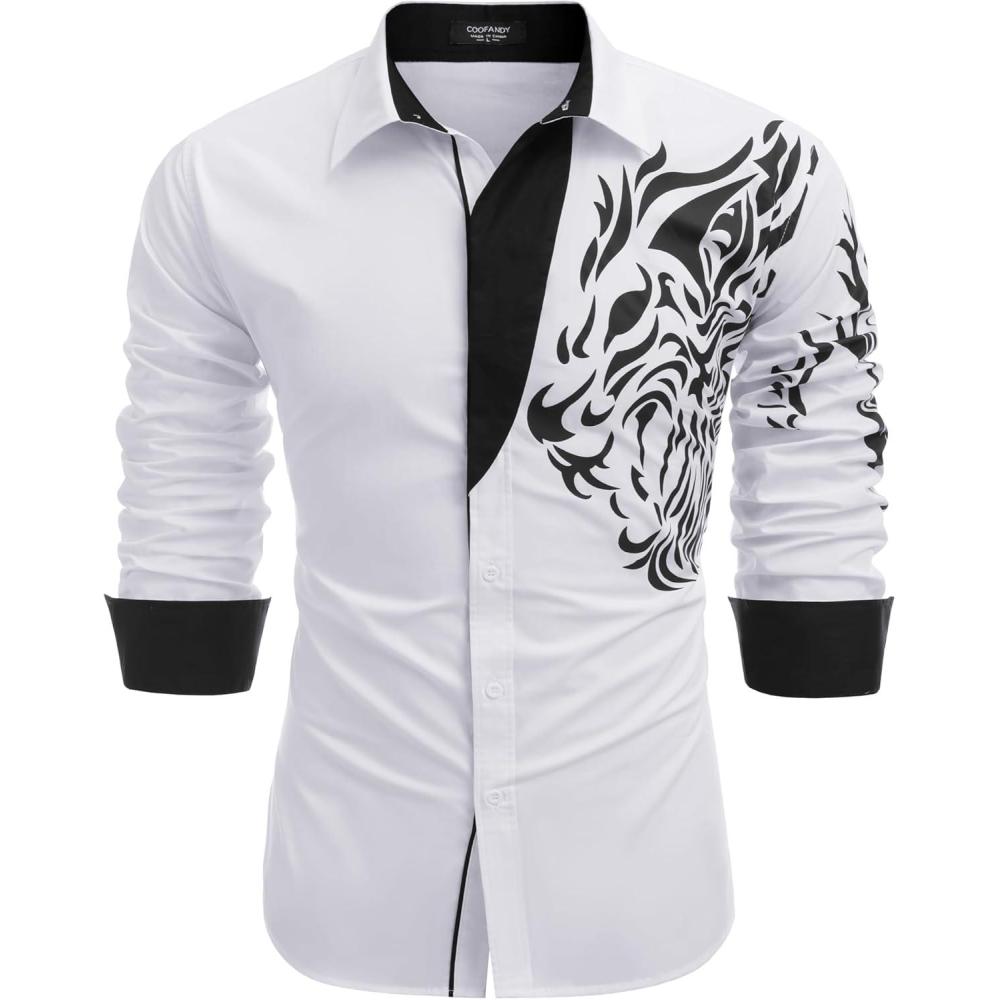 imageCOOFANDY Mens Print Button Down Dress Shirt Fashion Long Sleeve Casual Shirts02white Tiger