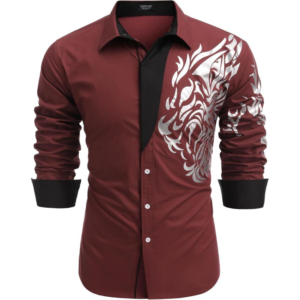 imageCOOFANDY Mens Print Button Down Dress Shirt Fashion Long Sleeve Casual Shirts03red Tiger