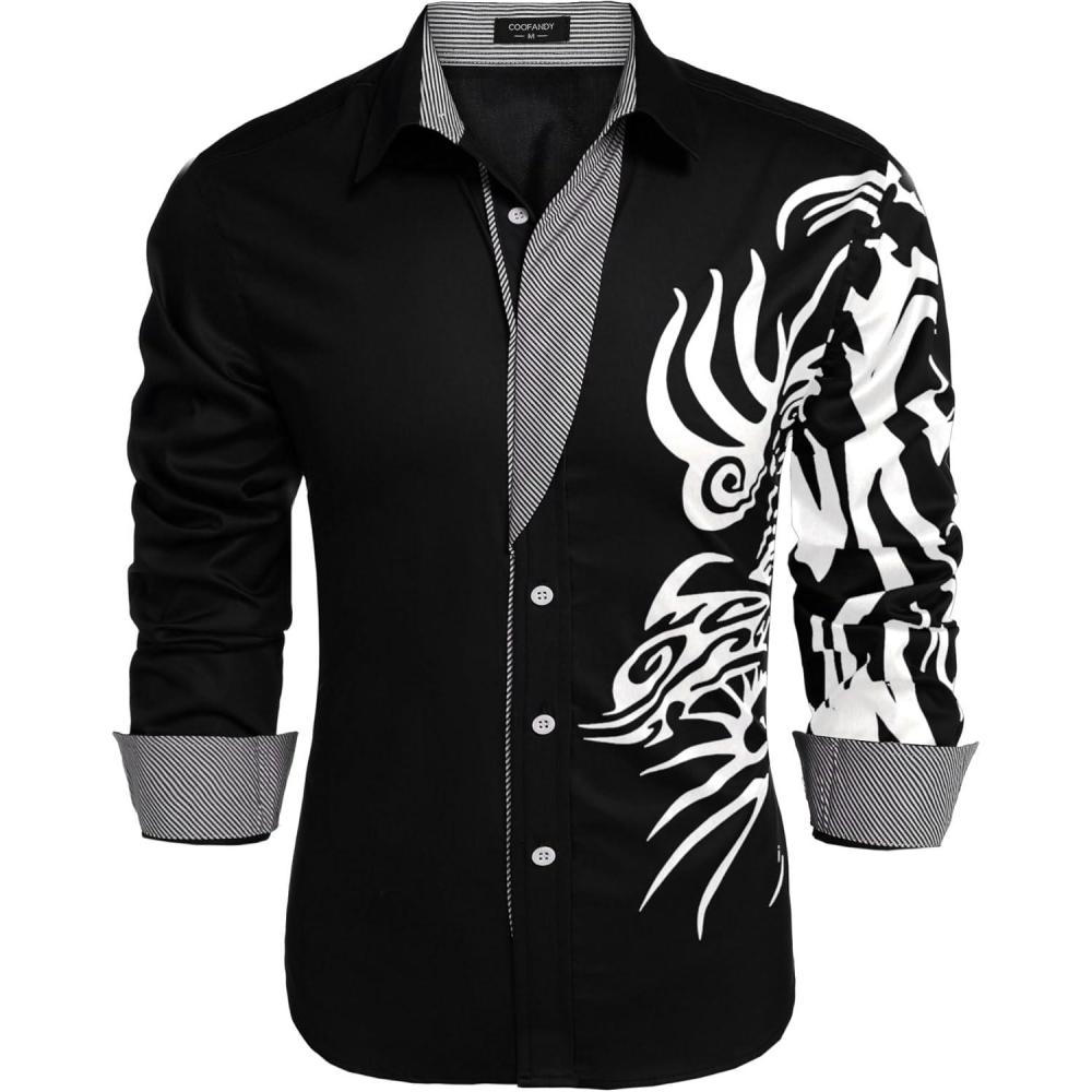 imageCOOFANDY Mens Print Button Down Dress Shirt Fashion Long Sleeve Casual ShirtsBlack