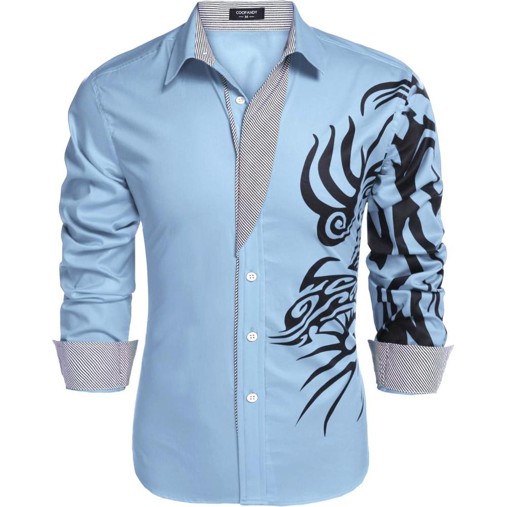 imageCOOFANDY Mens Print Button Down Dress Shirt Fashion Long Sleeve Casual ShirtsClear Blue