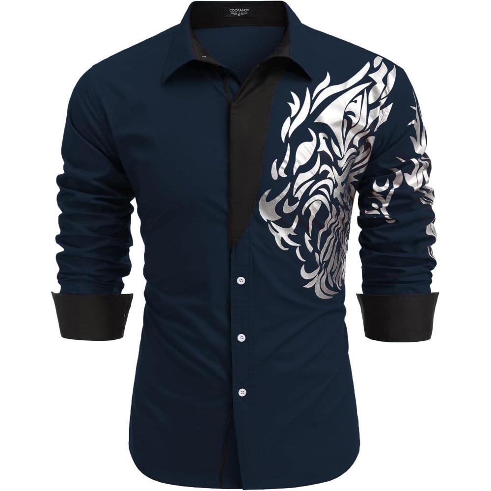 imageCOOFANDY Mens Print Button Down Dress Shirt Fashion Long Sleeve Casual ShirtsDark Navy Tiger