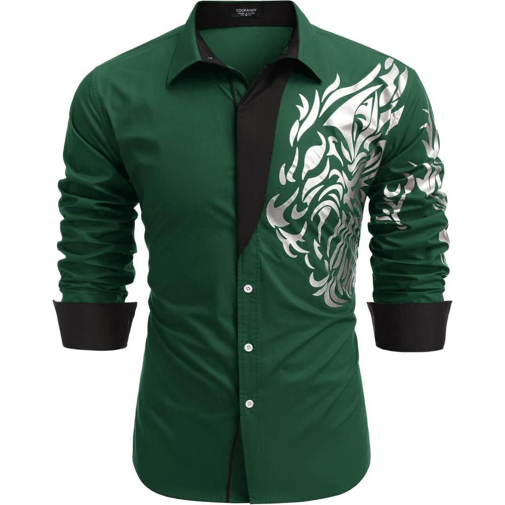 imageCOOFANDY Mens Print Button Down Dress Shirt Fashion Long Sleeve Casual ShirtsGreen Tiger