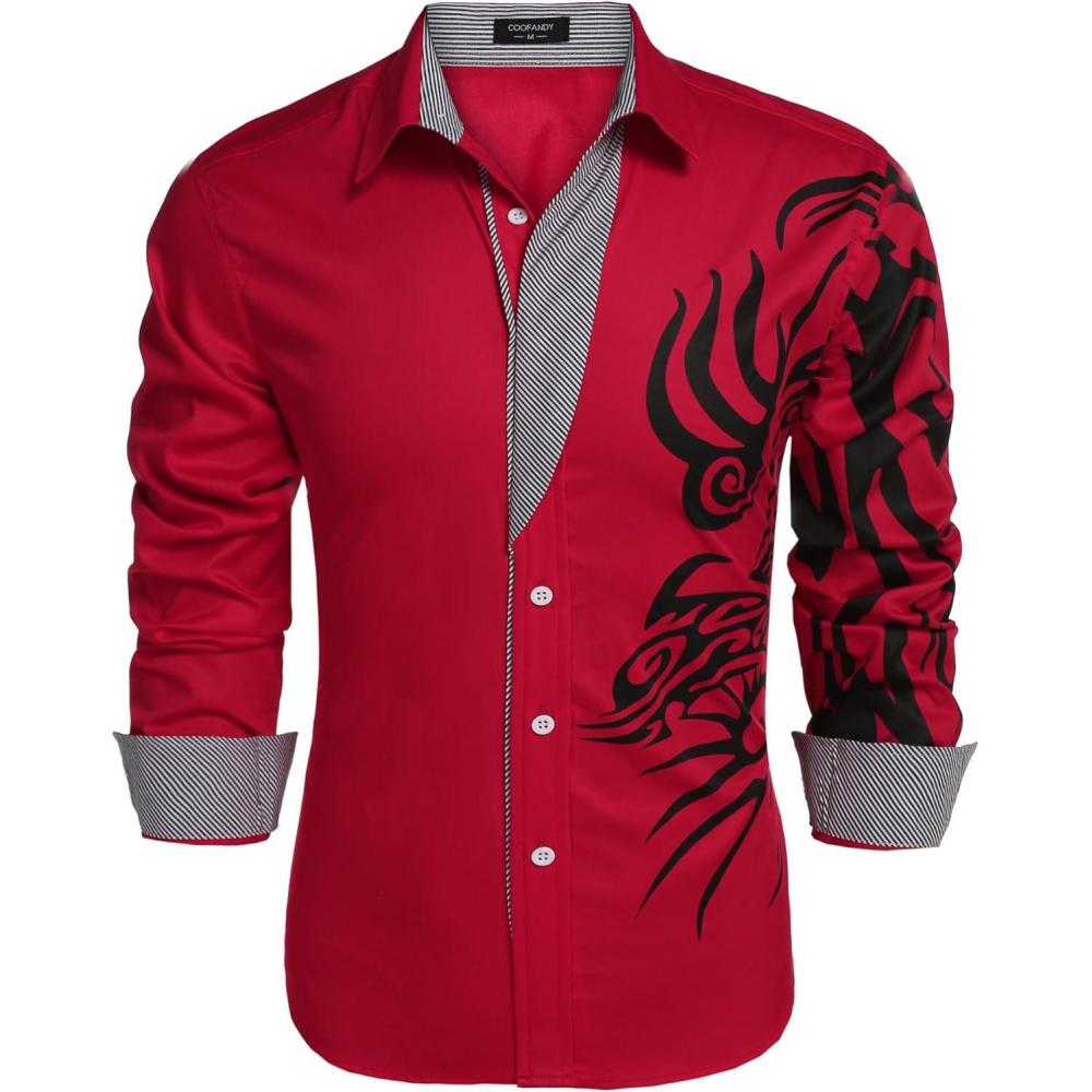 imageCOOFANDY Mens Print Button Down Dress Shirt Fashion Long Sleeve Casual ShirtsRed