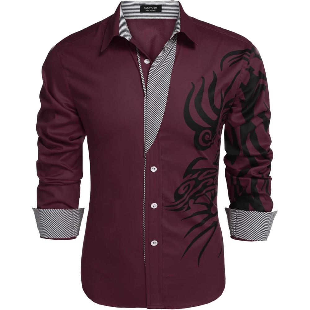 imageCOOFANDY Mens Print Button Down Dress Shirt Fashion Long Sleeve Casual ShirtsWine Red