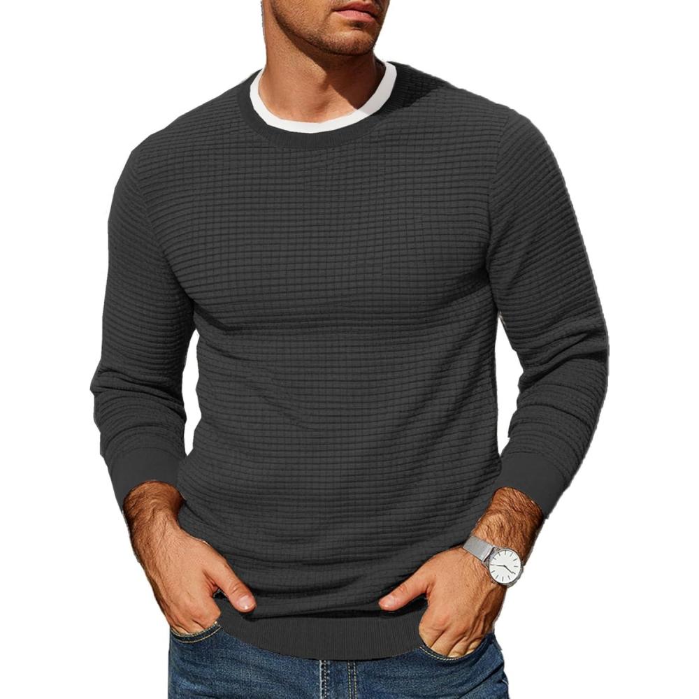 imageCOOFANDY Mens Pullover Sweater Waffle Knit Crewneck Long Sleeve Dress SweaterBlack