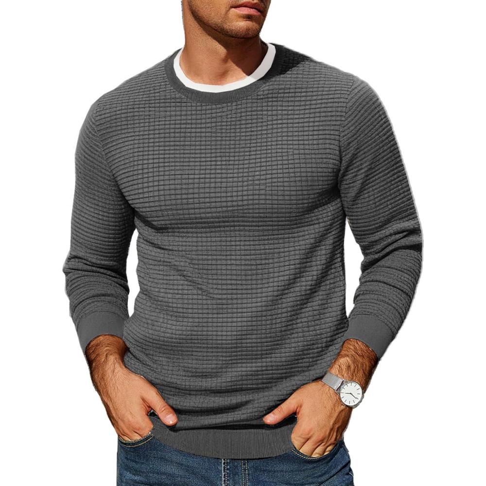 imageCOOFANDY Mens Pullover Sweater Waffle Knit Crewneck Long Sleeve Dress SweaterDark Grey