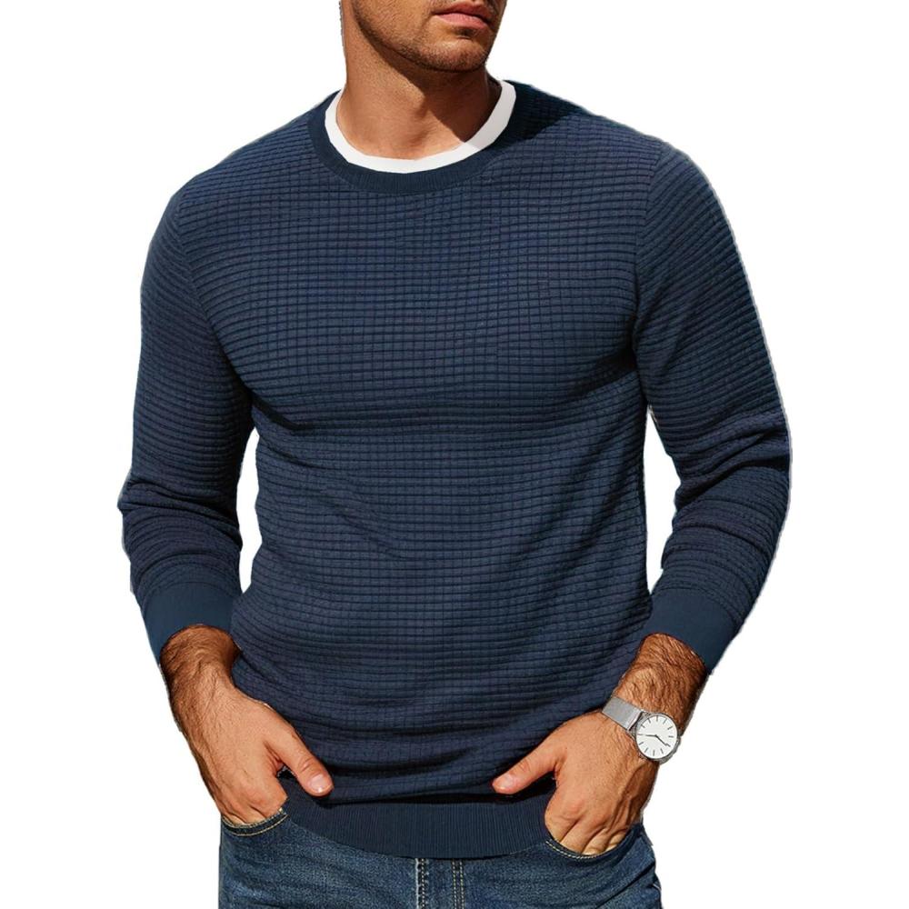 imageCOOFANDY Mens Pullover Sweater Waffle Knit Crewneck Long Sleeve Dress SweaterDark Navy