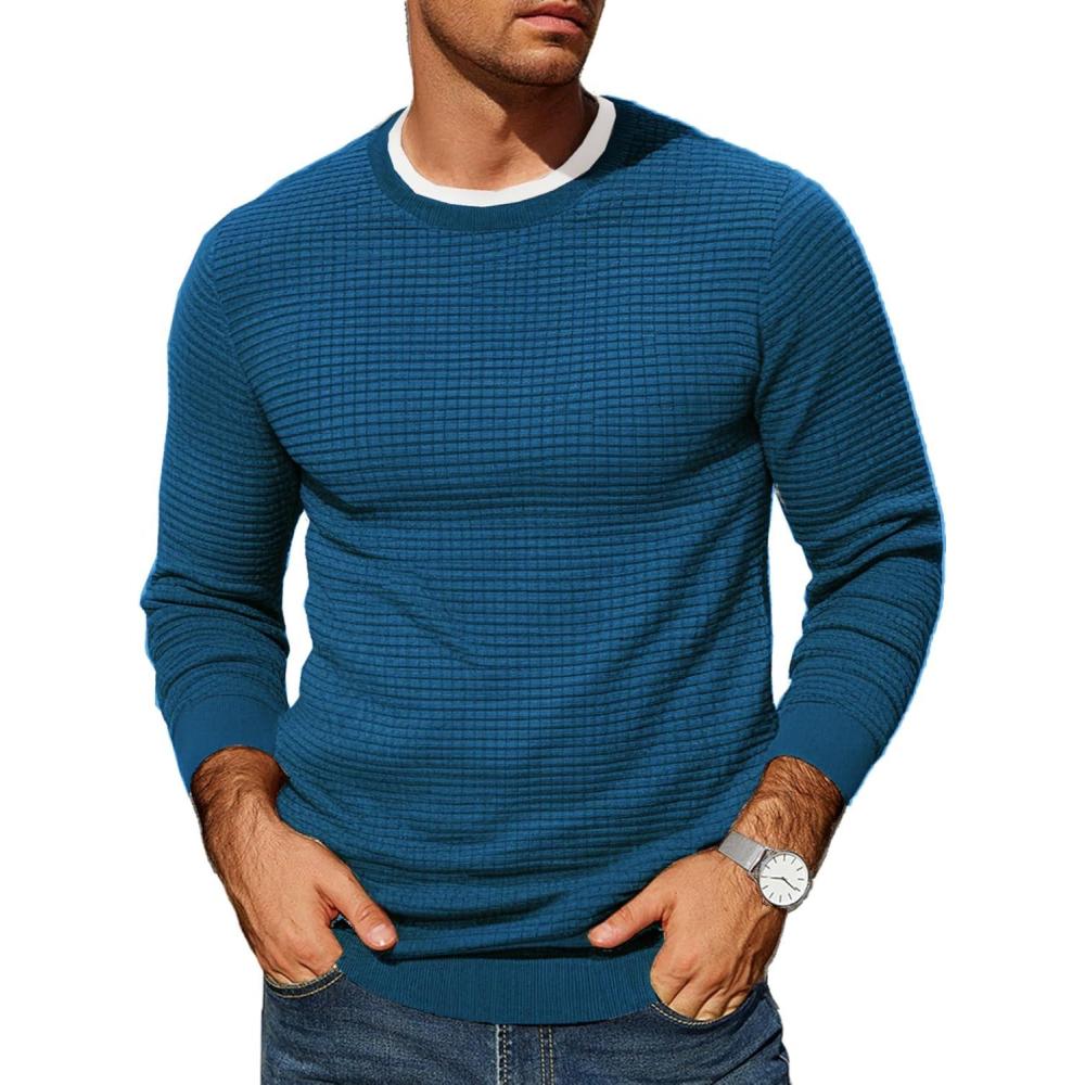 imageCOOFANDY Mens Pullover Sweater Waffle Knit Crewneck Long Sleeve Dress SweaterDeep Blue