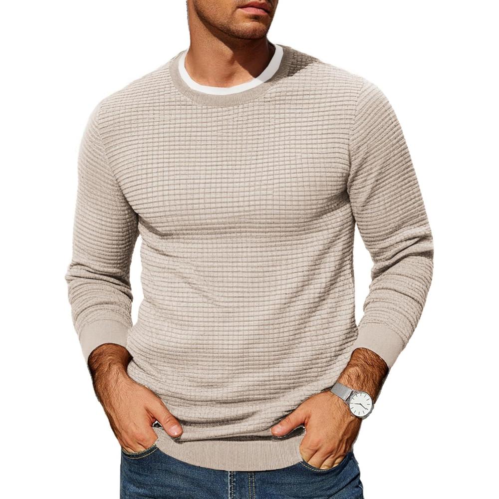imageCOOFANDY Mens Pullover Sweater Waffle Knit Crewneck Long Sleeve Dress SweaterKhaki