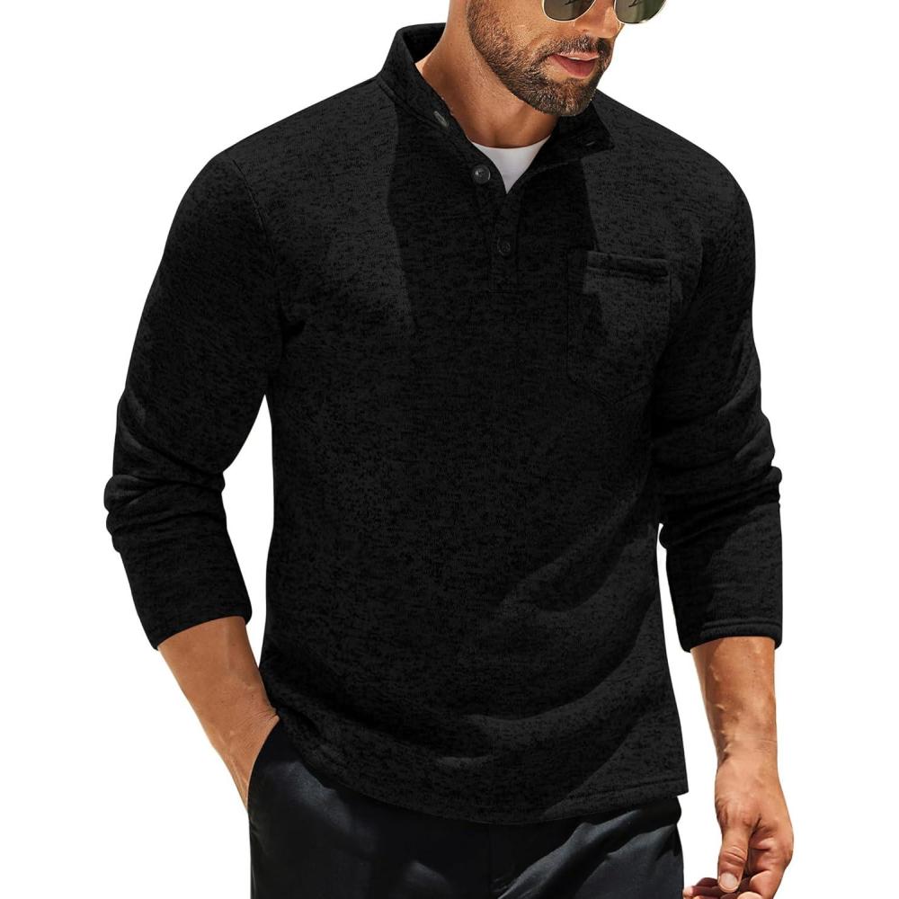 imageCOOFANDY Mens Quarter Button Henley Sweater Casual Knitted Sweatshirt Mock Neck Thermal Fleece Pullover Sweater with PocketBlack