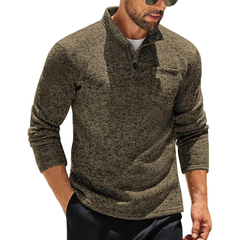 imageCOOFANDY Mens Quarter Button Henley Sweater Casual Knitted Sweatshirt Mock Neck Thermal Fleece Pullover Sweater with PocketCoffee