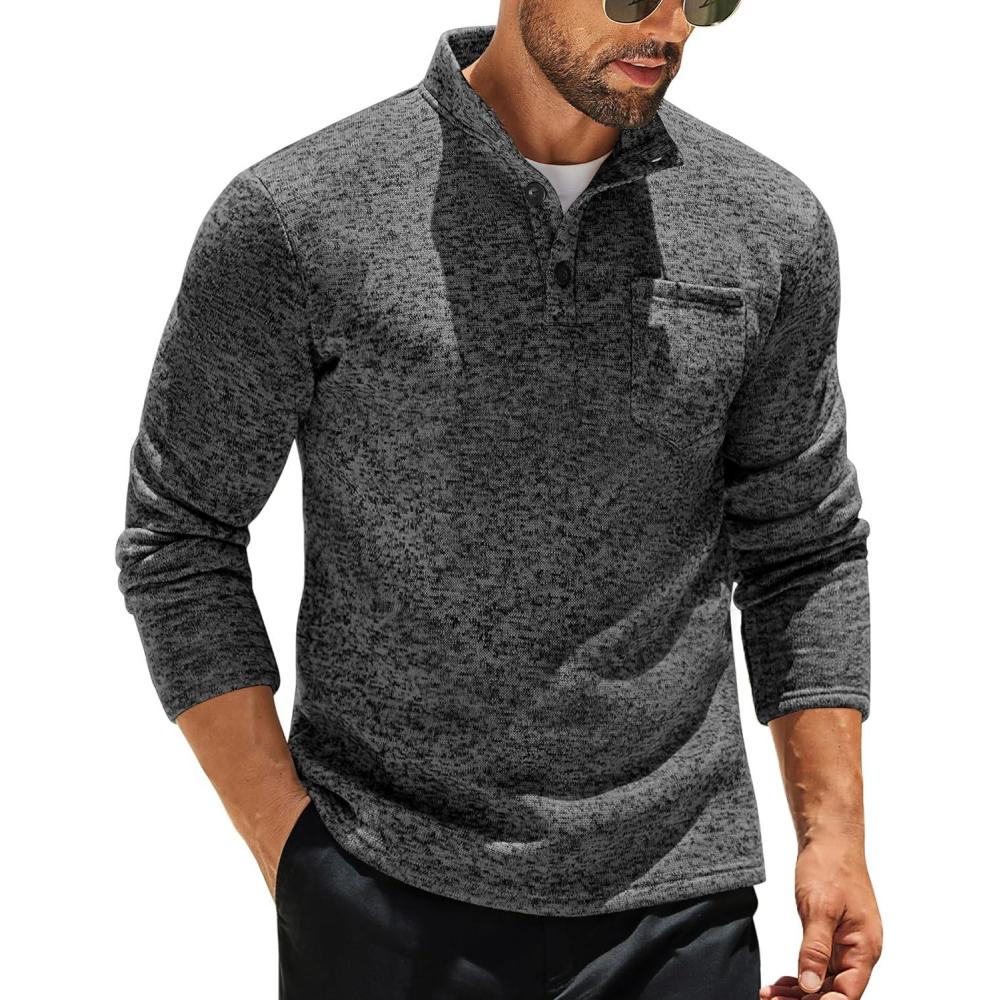 imageCOOFANDY Mens Quarter Button Henley Sweater Casual Knitted Sweatshirt Mock Neck Thermal Fleece Pullover Sweater with PocketDark Grey