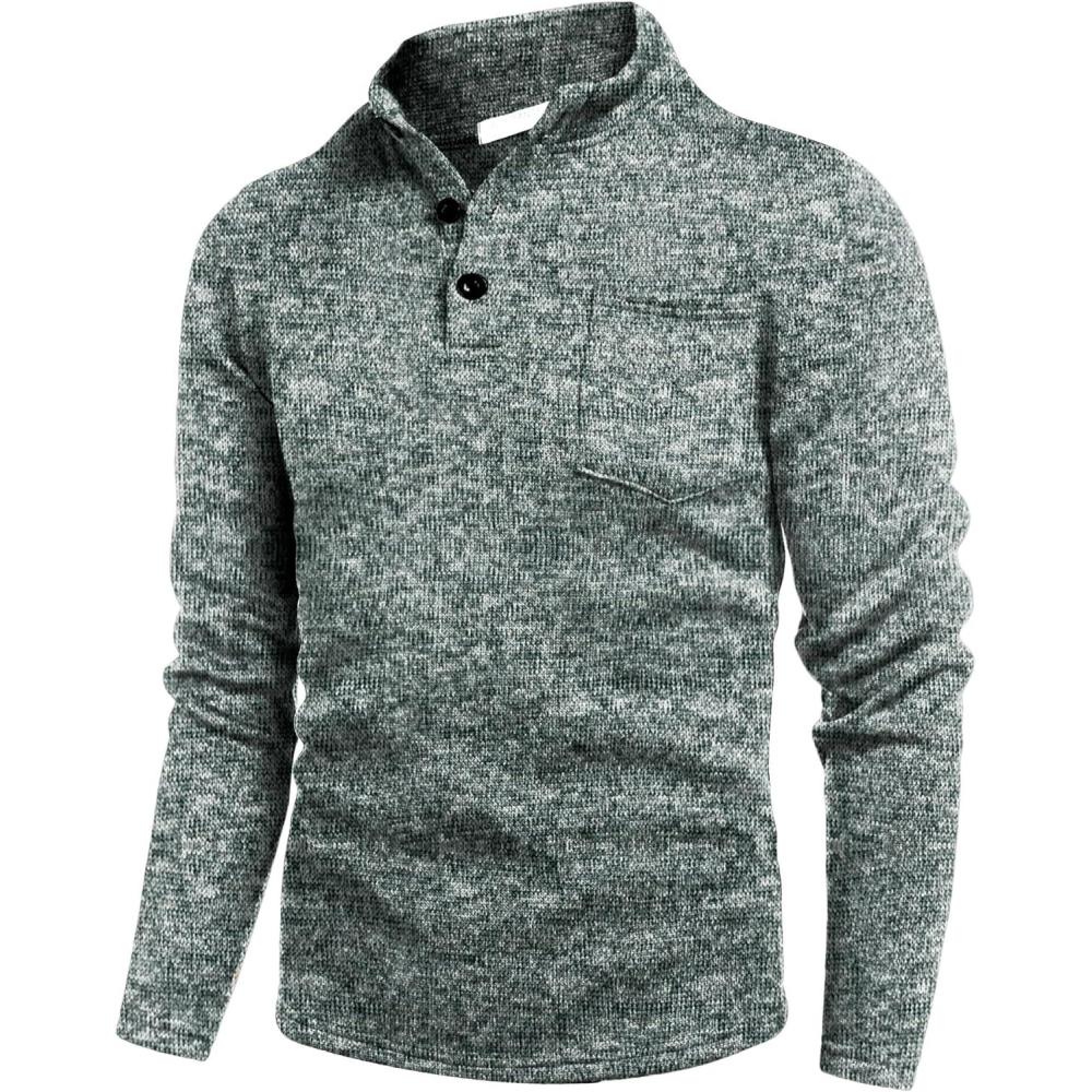 imageCOOFANDY Mens Quarter Button Henley Sweater Casual Knitted Sweatshirt Mock Neck Thermal Fleece Pullover Sweater with PocketForest Green