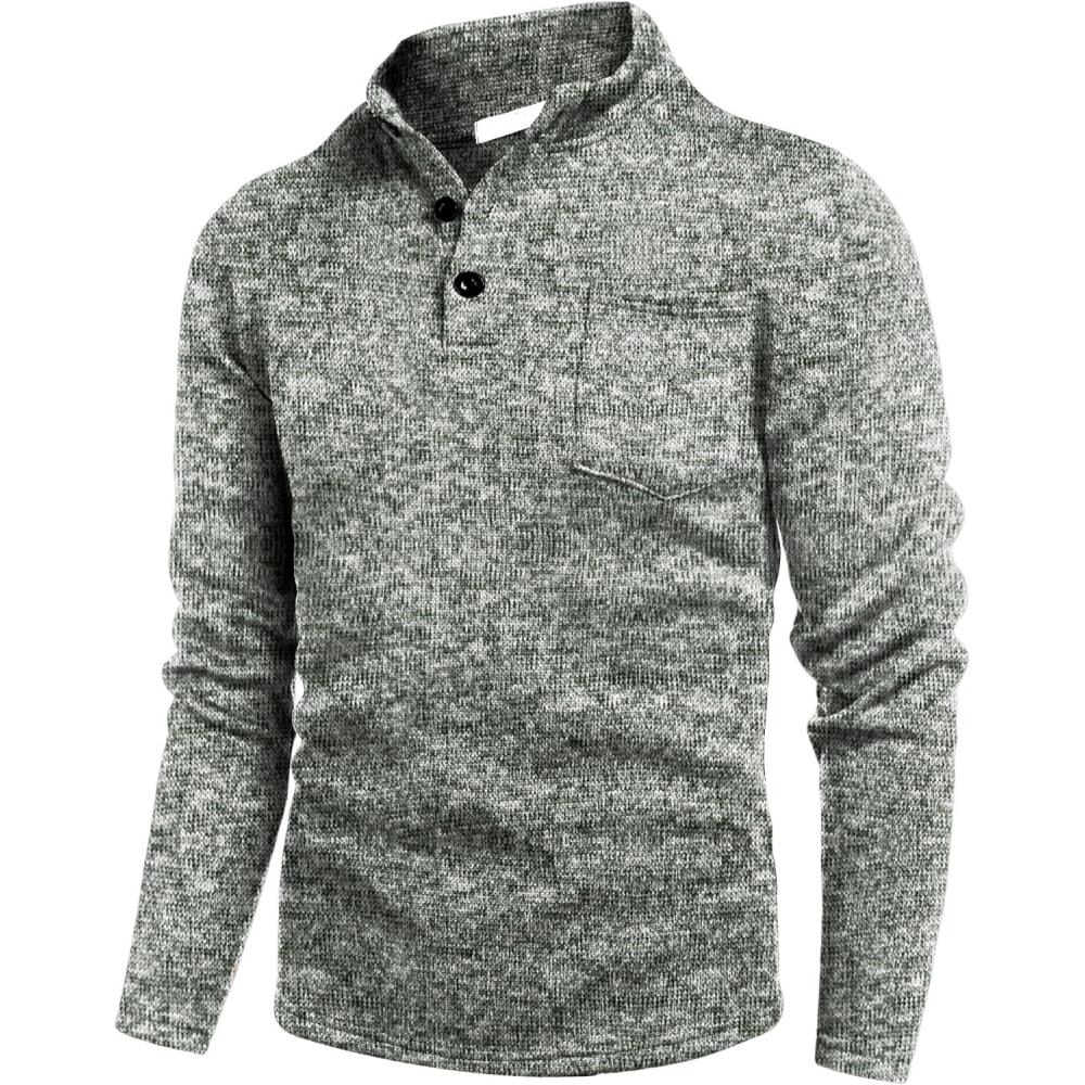 imageCOOFANDY Mens Quarter Button Henley Sweater Casual Knitted Sweatshirt Mock Neck Thermal Fleece Pullover Sweater with PocketForest Green and White