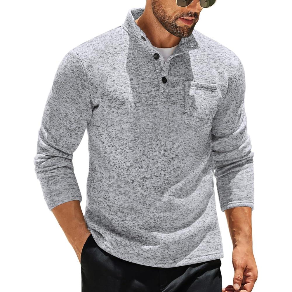 imageCOOFANDY Mens Quarter Button Henley Sweater Casual Knitted Sweatshirt Mock Neck Thermal Fleece Pullover Sweater with PocketGrey