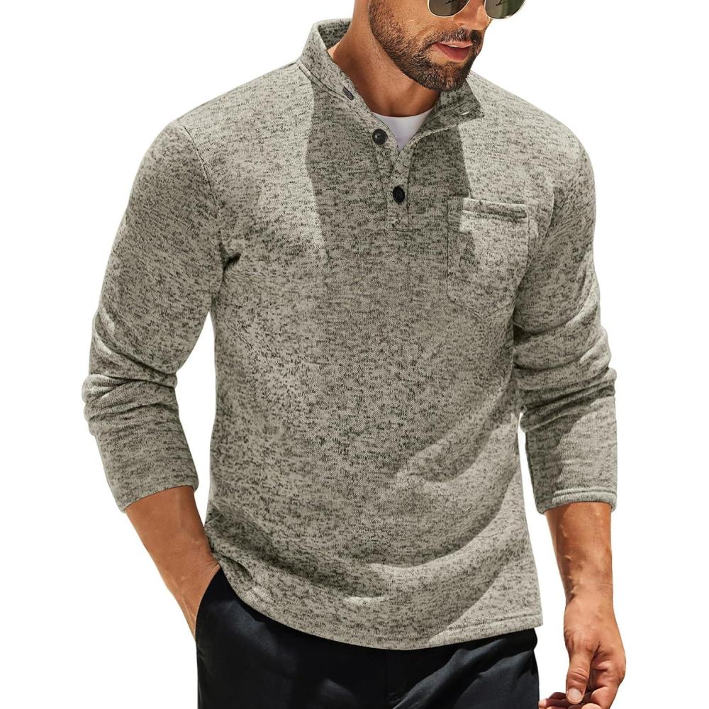 imageCOOFANDY Mens Quarter Button Henley Sweater Casual Knitted Sweatshirt Mock Neck Thermal Fleece Pullover Sweater with PocketKhaki