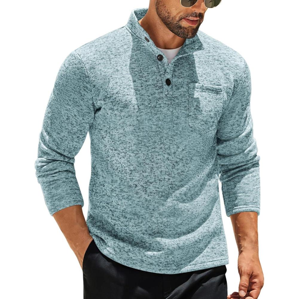 imageCOOFANDY Mens Quarter Button Henley Sweater Casual Knitted Sweatshirt Mock Neck Thermal Fleece Pullover Sweater with PocketLight Green and White