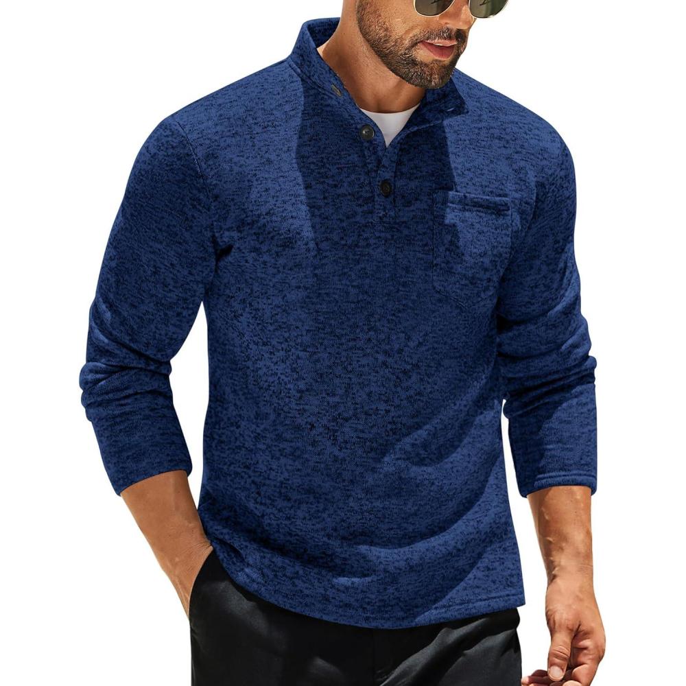imageCOOFANDY Mens Quarter Button Henley Sweater Casual Knitted Sweatshirt Mock Neck Thermal Fleece Pullover Sweater with PocketNavy Blue
