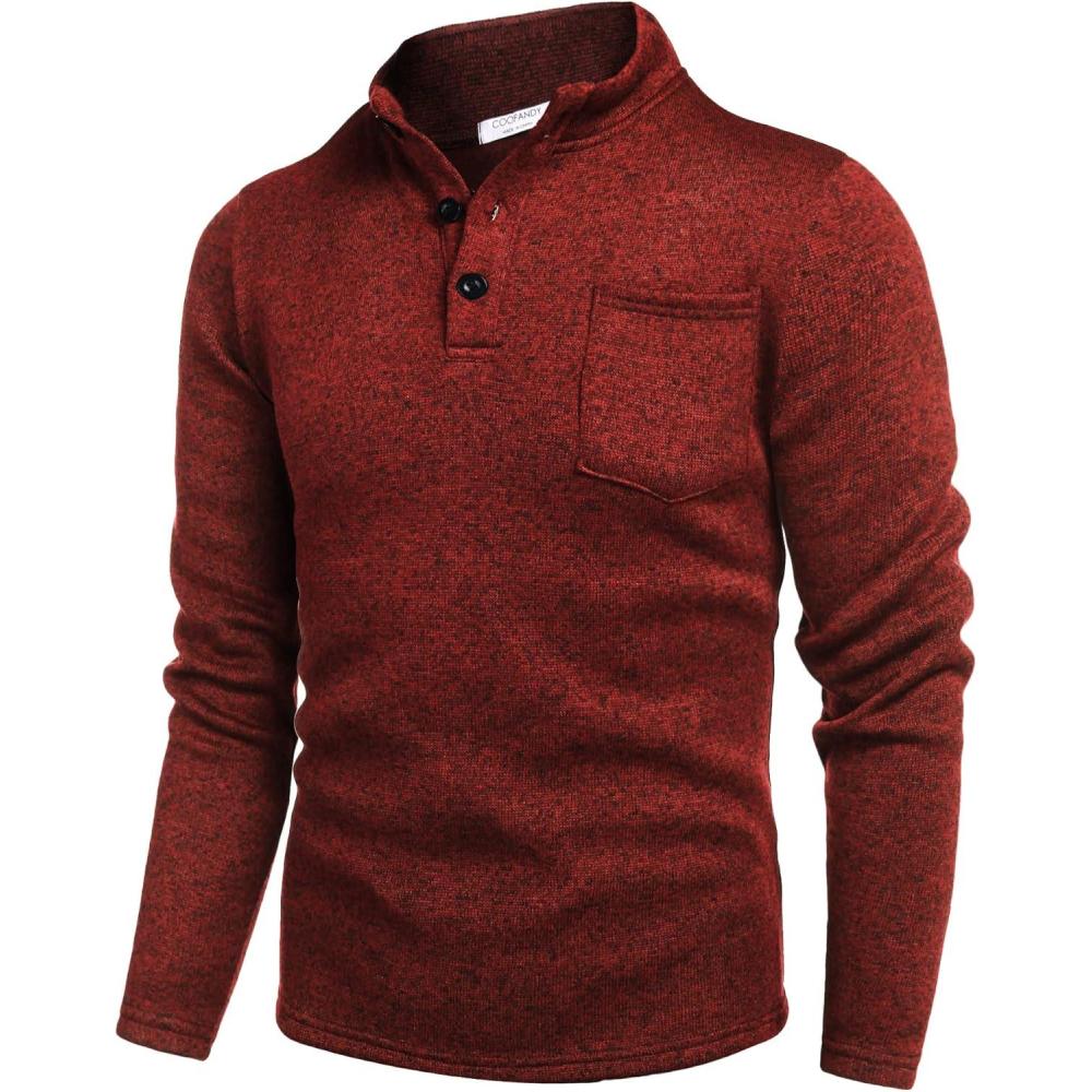 imageCOOFANDY Mens Quarter Button Henley Sweater Casual Knitted Sweatshirt Mock Neck Thermal Fleece Pullover Sweater with PocketWine Red