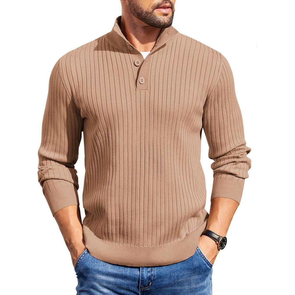 imageCOOFANDY Mens Quarter Button Sweater Long Sleeve Stand Collar Sweaters Casual Knitted Ribbed Dress PulloverApricot