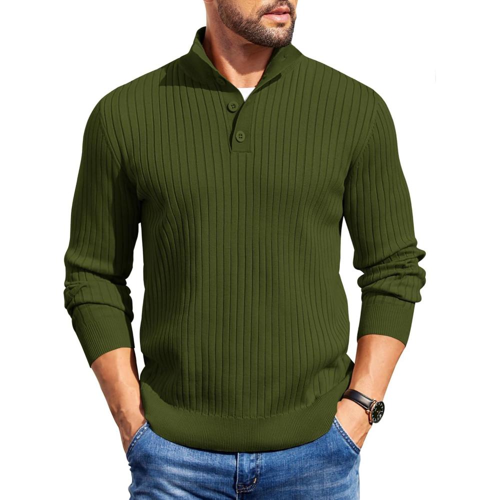 imageCOOFANDY Mens Quarter Button Sweater Long Sleeve Stand Collar Sweaters Casual Knitted Ribbed Dress PulloverArmy Green