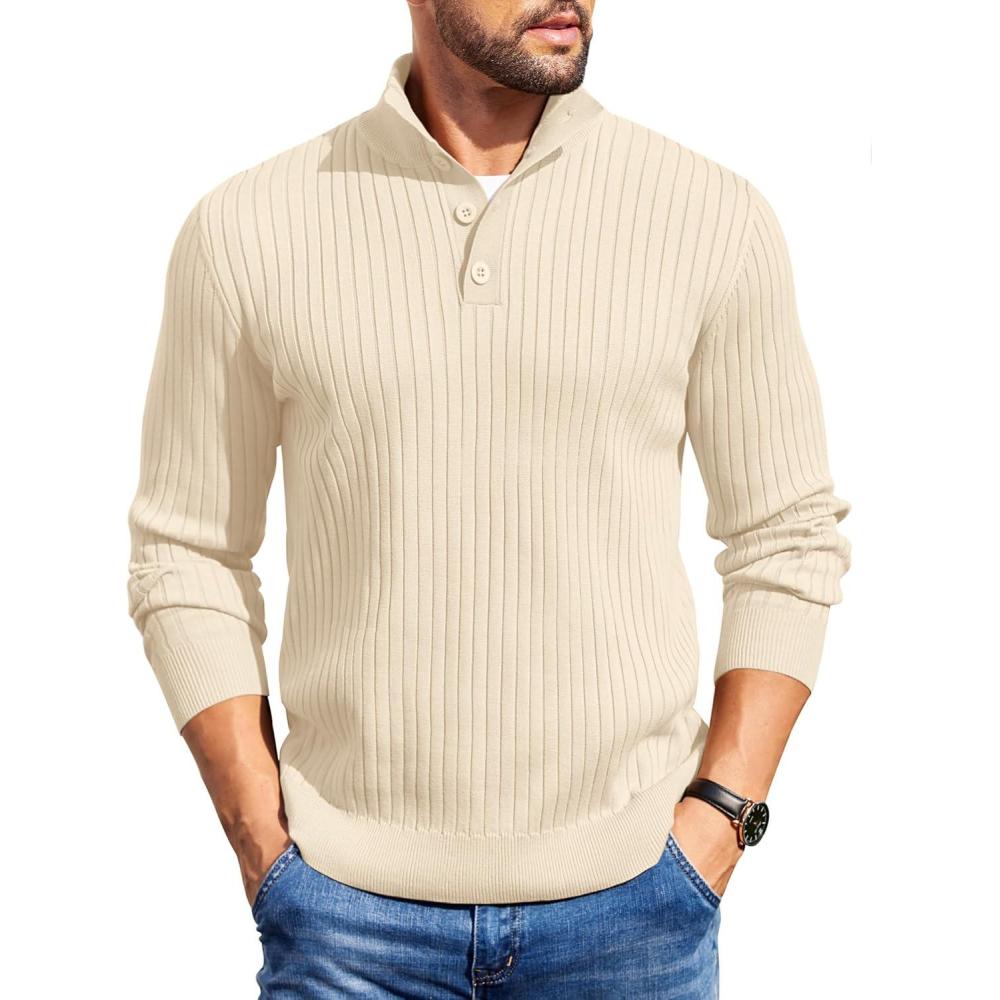 imageCOOFANDY Mens Quarter Button Sweater Long Sleeve Stand Collar Sweaters Casual Knitted Ribbed Dress PulloverBeige