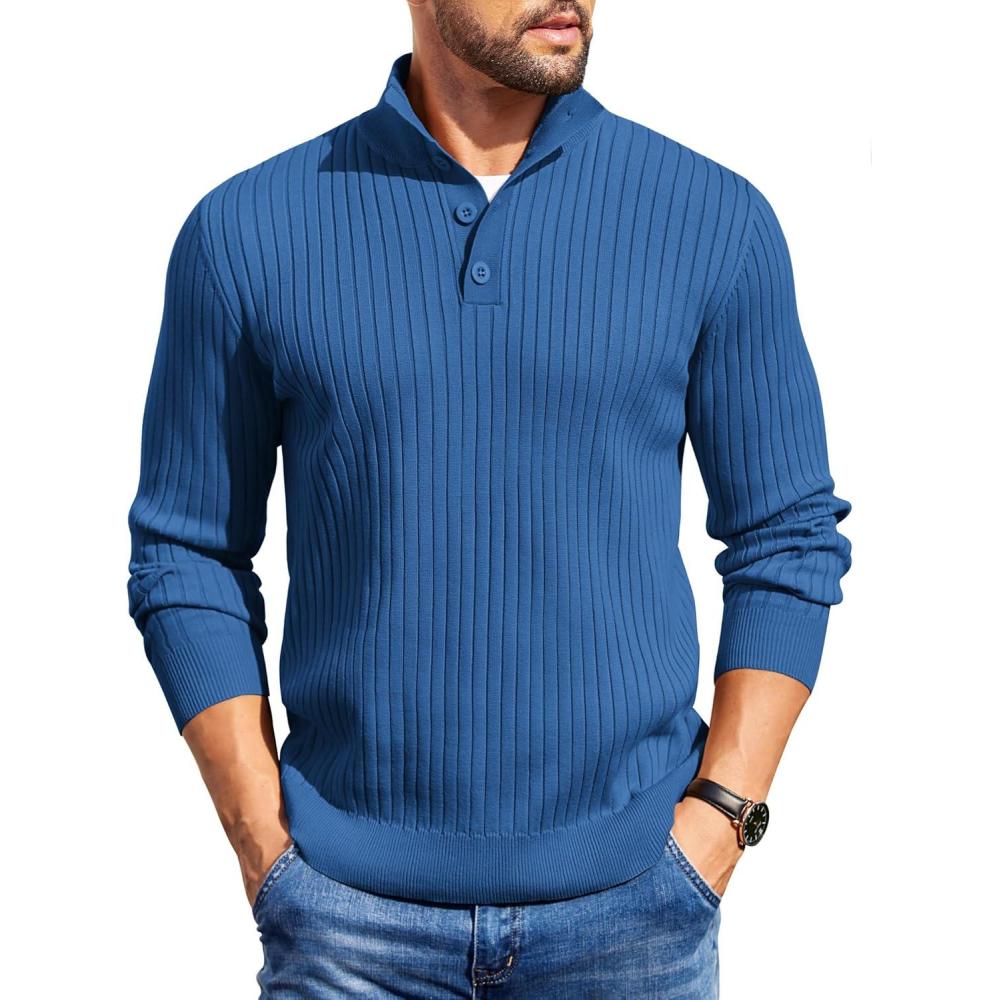 imageCOOFANDY Mens Quarter Button Sweater Long Sleeve Stand Collar Sweaters Casual Knitted Ribbed Dress PulloverBlue