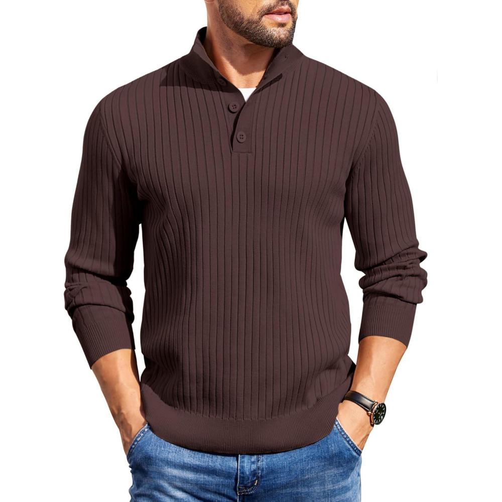 imageCOOFANDY Mens Quarter Button Sweater Long Sleeve Stand Collar Sweaters Casual Knitted Ribbed Dress PulloverBrown