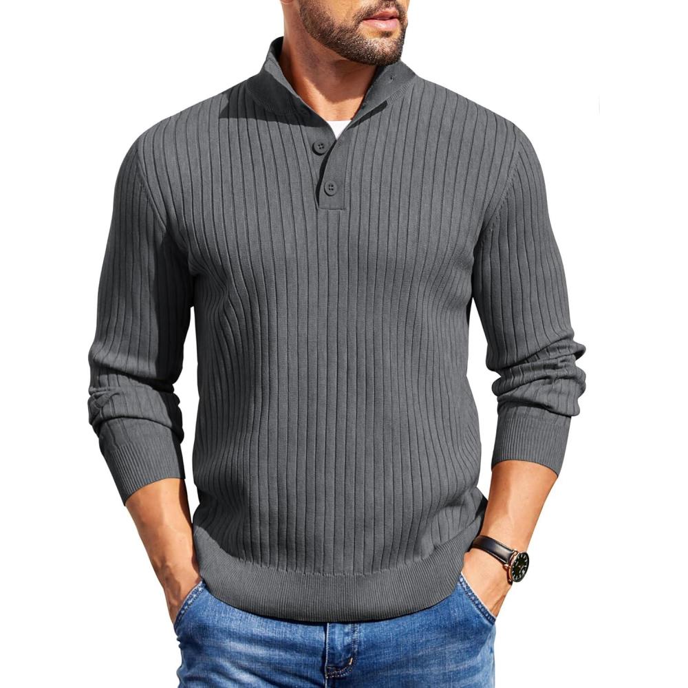 imageCOOFANDY Mens Quarter Button Sweater Long Sleeve Stand Collar Sweaters Casual Knitted Ribbed Dress PulloverDark Grey