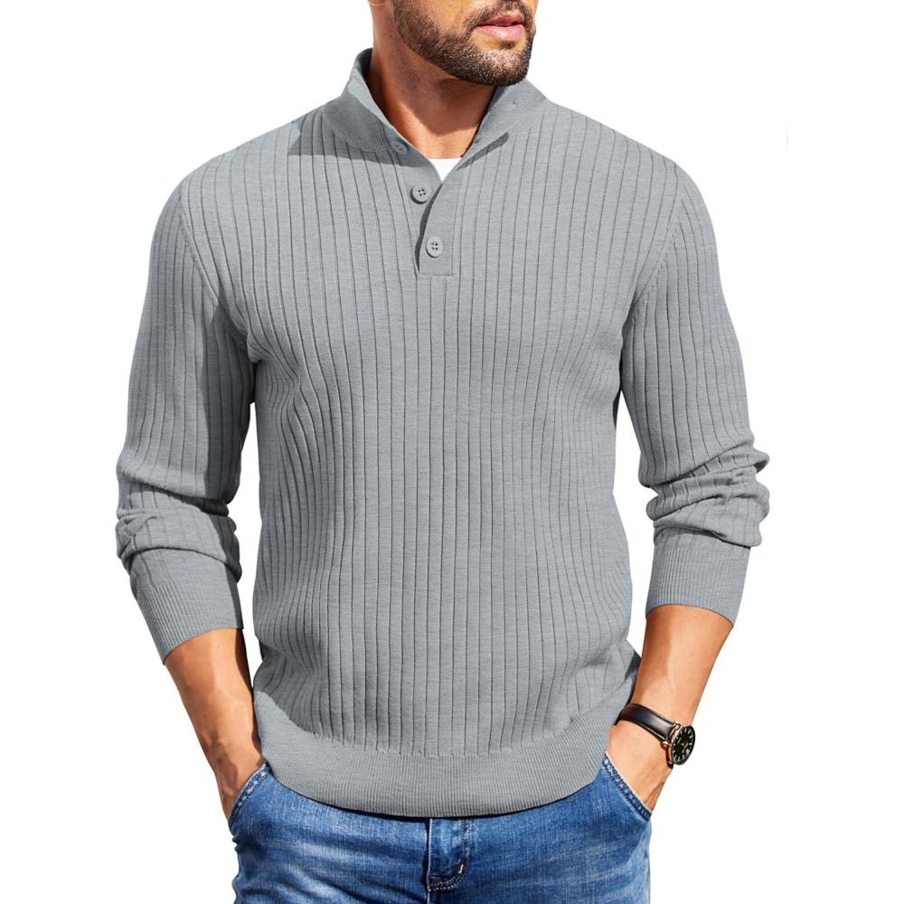 imageCOOFANDY Mens Quarter Button Sweater Long Sleeve Stand Collar Sweaters Casual Knitted Ribbed Dress PulloverLight Grey