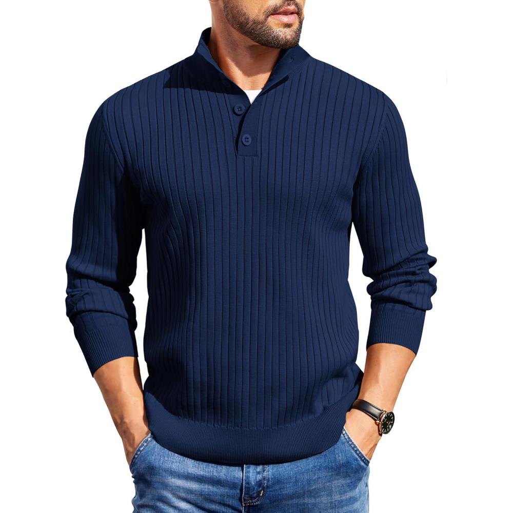 imageCOOFANDY Mens Quarter Button Sweater Long Sleeve Stand Collar Sweaters Casual Knitted Ribbed Dress PulloverNavy Blue