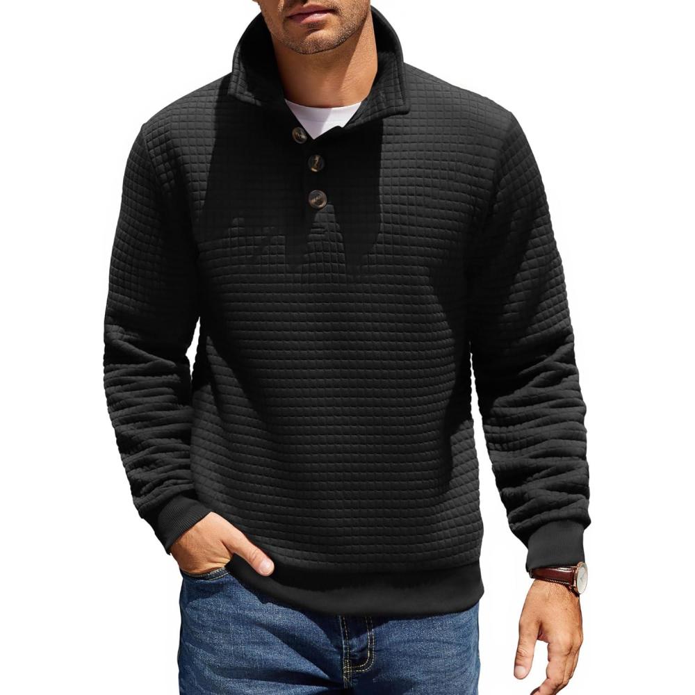 imageCOOFANDY Mens Quarter Pullover Quilted Sweatshirt Casual Knit Long Sleeve Mock Neck Sweater Waffle Collared PulloverBlack