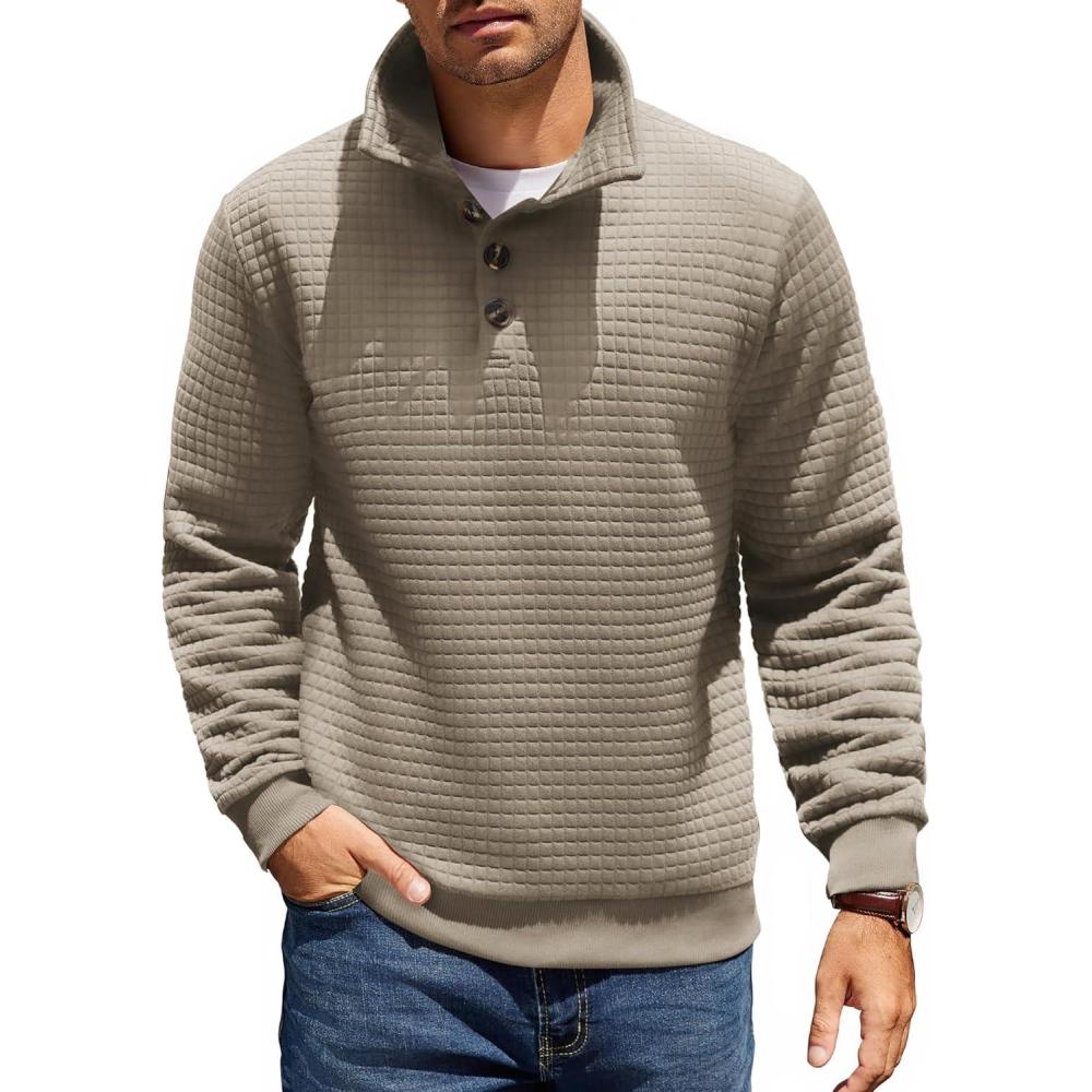 imageCOOFANDY Mens Quarter Pullover Quilted Sweatshirt Casual Knit Long Sleeve Mock Neck Sweater Waffle Collared PulloverKhaki