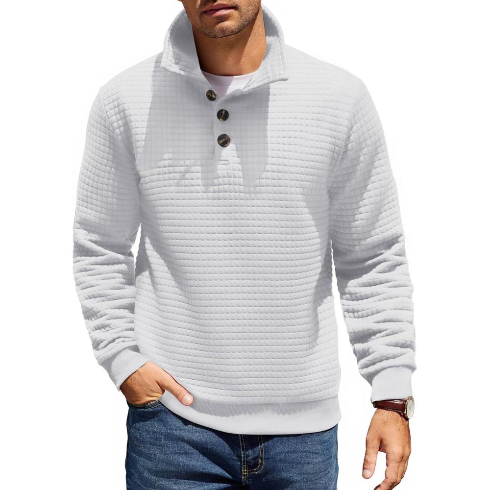 imageCOOFANDY Mens Quarter Pullover Quilted Sweatshirt Casual Knit Long Sleeve Mock Neck Sweater Waffle Collared PulloverWhite