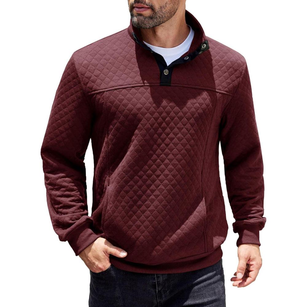 imageCOOFANDY Mens Quarter Sweatshirt Quilted Long Sleeve Mock Neck Active Sweater Waffle Pullover Polo Shirts With PocketsRed