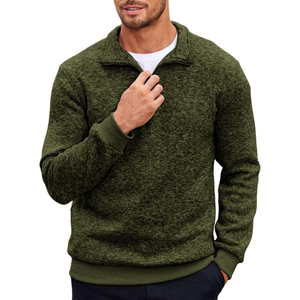 imageCOOFANDY Mens Quarter Zip Pullover Casual Long Sleeve Sweater Slim Fit Sweater Mock Neck Polo SweaterArmy Green