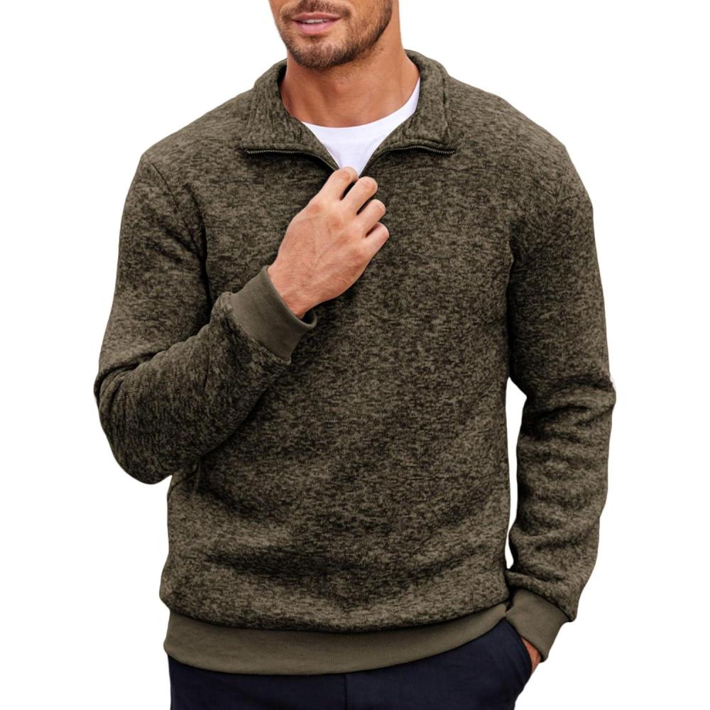 imageCOOFANDY Mens Quarter Zip Pullover Casual Long Sleeve Sweater Slim Fit Sweater Mock Neck Polo SweaterBrown