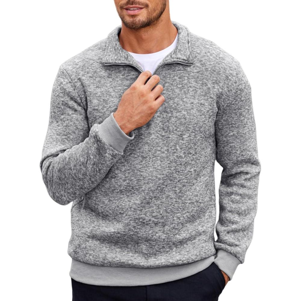imageCOOFANDY Mens Quarter Zip Pullover Casual Long Sleeve Sweater Slim Fit Sweater Mock Neck Polo SweaterMiddle Gray