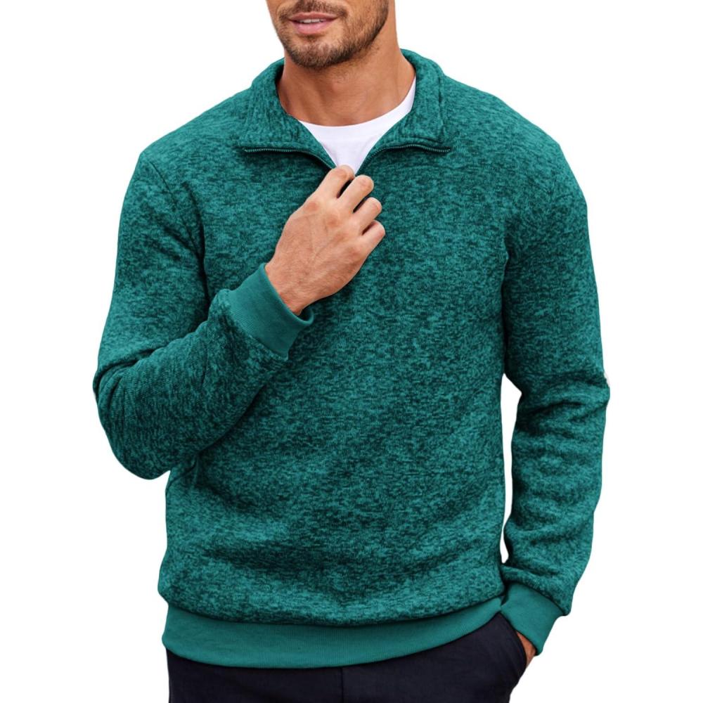 imageCOOFANDY Mens Quarter Zip Pullover Casual Long Sleeve Sweater Slim Fit Sweater Mock Neck Polo SweaterPeacock Blue